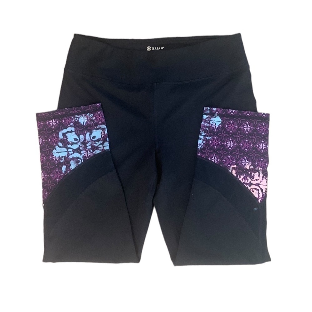 Gaiam Capri Legging Black and Purple Boho Print Mesh Size M